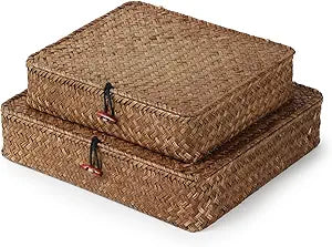 YANGQIHOME Set of 2 Seagrass Baskets with Lids, Rectangular Woven Storage Baskets, Natural Wicker Basket Boxes for Coffee Table, Shelf, Bathroom Counter & Closet Decor (Coffee, Set of 2)