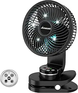 AMACOOL Battery Operated Camping Fan with Light, 20000mAh Rechargeable Clip on Fan with Hook & Digital Display, 112Hrs Running, 9 Speed, 360┬░ Rotation Portable Small Fans for Tent Camping RV Travel