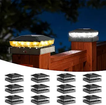 Solar Post Cap Lights Outdoor, 12 Pack Upgraded Waterproof Deck Fence Post Solar Lights for 3.5x3.5 4x4 5x5 Vinyl/Wood Posts, 10-12 Hours Warm/Cool White Glow for Garden/Patio/Porch - Black