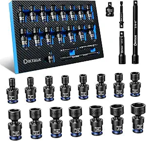 Professional 3/8" Drive Universal Impact Swivel Socket Set, 19-Piece Metric Wobble Socket Set (8-22mm) with Extensions Bars & Socket Adapters, Drill Bit Adapter, Cr-Mo Steel