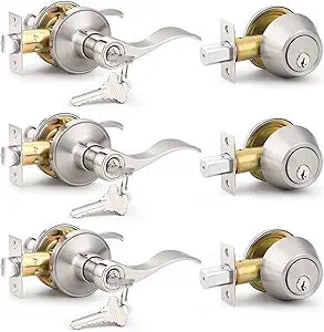 Probrico Entrance Door Lever Deadbolt Sets 3 Set Satin Nickel Exterior Entry Lever and Single Cylinder Deadbolt,Keyed Alike Combo, Keyed Handleset Lockset Exterior(for Front Door and Outside Gate)