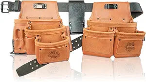 Graintex 13 Pocket Framers Tool Belt, 4 Pc Combo Industrial Grade Leather Tool Pouch, 2 Leather Belt & Hammer Holder, Bags for Drywall Tools, Electricians, Plumbers