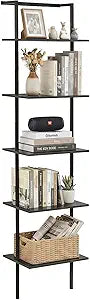 5-Tier Ladder Shelf, Wall Mounted Ladder Bookshelf with Metal Frame, Wood Tall Open Storage Rack and Display Shelves for Home Office Bedroom Living Room, Black