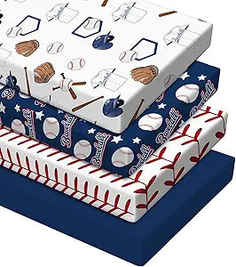 VitalCozy 4 Pcs Baseball Crib Sheet Set Newborn Bedding Nursery Baby Sheets for Girl Boys Baby Gifts for Standard Crib and Toddler Mattresses, 52 x 28 x 8 Inches