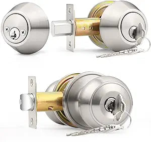 Probrico Keyed Alike Round Ball Entry Door Knob and Double Cylinder Deadbolt Set, Satin Nickel, 1Pack