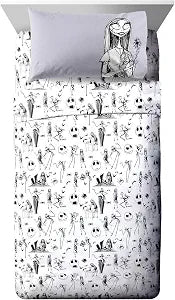 Jay Franco Kids Sheet Set with Fitted, Flat Sheets & Pillow Cover - Ultra-Soft Bedding with Pillowcase for Room Decor, White - Nightmare Before Christmas, 3 Piece Twin