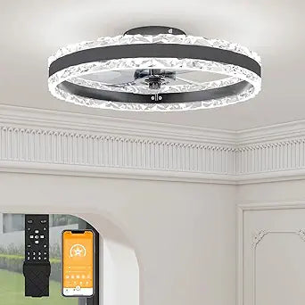 VOLISUN Low Profile Ceiling Fans with Light and Remote, 19.7in Fandelier Ceiling Fan with Light, 3000K-6500K Dimmable Flush Mount LED Ceiling Fan Light, Black Modern Ceiling Fan Light for Bedroom