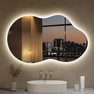 LOVESPEJO Irregular Backlit Mirror Bathroom 40x24 Inch, Asymmetrical Cloud LED Bathroom Mirror with Lights, Fogless, Dimmable, 3 Color Changing, Shatterproof,Horizontal/Vertical