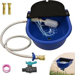 Automatic Water Dispenser for Dogs with Drain Hole & Drain Valve, 1 Gallon Auto Dog Water Bowl Outdoor with Float Valve, Hose Quick Connect Fitting, for Livestock, Chicken, Horse (Blue)