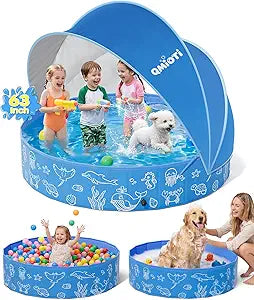 63in Kiddie Pool with Canopy, Foldable Kids Pool with Detachable UPF 50+ Sunshade, Portable Non-Slip Swimming Pool Dog Pool for Backyard, Beach, Outdoor Summer Water Play