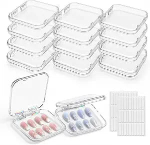 12 Pcs Press On Nail Storage Box with 60 Double Sided Adhesive Tapes, Clear Acrylic Nail Packaging Box, Fake Nail Display Case Organizer for Press Ons, Nail Art Business, Salon Supplies 