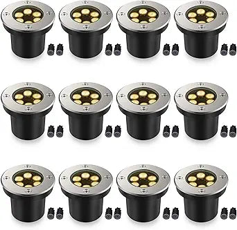 JESLED Outdoor Landscape Lights, 6W LED In Ground Well Lights, 12V 24V 3000K Warm White, IP67 Waterproof Low Voltage Landscaping Spotlight for Driveway Deck Step Yard Fence Garden Pathway (12 Pack)