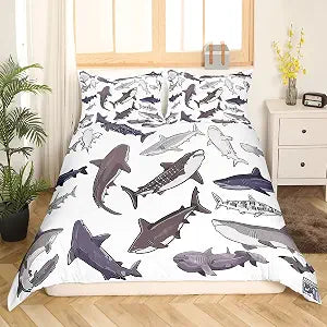 Feelyou Ocean Shark Bedding Set Gray White Shark Duvet Cover Set for Kids Boys Girls Sea Creature Sealife Comforter Cover Animal Printed Quilt Cover Bedroom Collection 2Pcs Twin Size