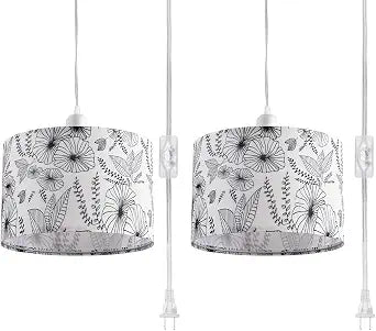 2 Pack Plug in Pendant Light, Hanging Light with 15Ft Clear Cord, On/Off Switch, Flower Fabric Lamp Shade, Hanging Light Fixture for Bedroom, Kitchen, Living Room, Dining Table