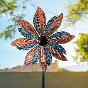 Wind Spinners Outdoor Metal, Double-Sided 360 Kinetic Wind Spinner with Stake, Metal Garden Yard Windmill Decor (13.4" Dia, 57" H) (Copper Leaf)