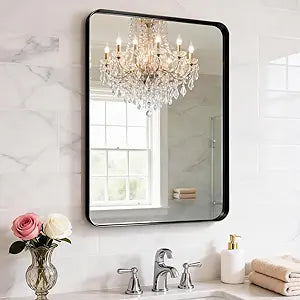 Black Metal Frame Wall Mount Bathroom Mirror, 16 x 20 Inch Rectangular Round Mirror, Matte Black Vanity Mirror, Farmhouse Style, Hang Horizontally or Vertically