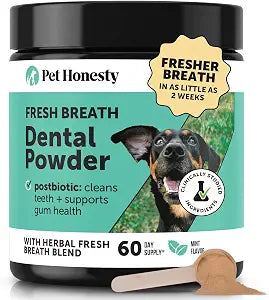 Dog Breath Freshener Dental Powder - Teeth Cleaning Plaque Off + Tartar Remover for Dogs - Care Supplement Food Topper with Kelp, HMP + Postbiotics for Healthy Gums - Mint Flavor (60 Servings)