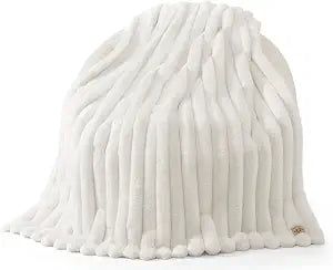 UGG Channel Faux Fur Throw Blanket for Couch, Luxury Warm Soft White Throw for Bed or Chair, Plush Bubble Blanket Home Decor, Machine Washable, 50-inch x 70-inch, Snow