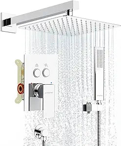 Shower System Shower Faucet Set with Push-Button Diverter and Wall Supply Elbow 10 Inch Shower Head Polished Chrome