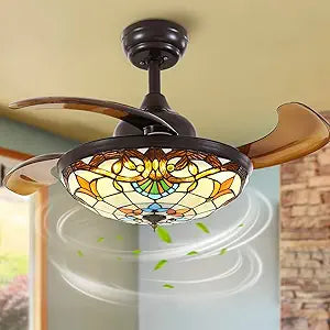 Siljoy 36" Tiffany Ceiling Fan with Lights, Stained Glass Ceiling Fan Vintage Ceiling Fan with Remote Control Dimmable Fandelier with 4 Retractable Reverse Blades for Bedroom, Living and Dining Room