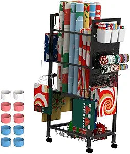 Gift Wrapping Paper Organizer Storage with Wheels and 10 Slap Bands, Gift Wrap Storage Station with Ribbon and Gift Bag Storage, Rolling Craft Storage Cart