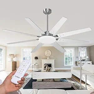 Amico 64 inch Ceiling Fans with Lights,Large Ceiling Fan with Light and Remote Control, Dimmable, 6 Speed Reversible Quiet DC Motor, Nickel Modern Ceiling fan For Living Room, Kitchen, Patio