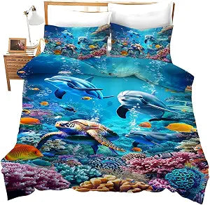 Ocean Sea Tutrle Beach Dolphin Theme 3 Pieces Duvet Cover Comforter Set with 2 Pillowcase Full Size Nautical Fish Bed Sheet Quilt Bedroom Bedding for Lover Kids