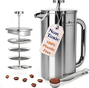Ziruma Non-Toxic French Press, Surgical Stainless Steel Coffee Press, Plastic-Free, Heavy Metal-Free, No Endocrine Disruptors, 34 Oz, Double Wall, 4-Layer Filter, Portable Coffee Maker