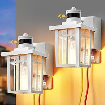 2 pack Porch Lights with GFCI Outlet,Dusk to Dawn Motion Sensor Outdoor Lights,3 Lighting Modes White Front Door Lights,Waterproof Exterior Light Fixture,Outside Wall lamp for House Patio Garage