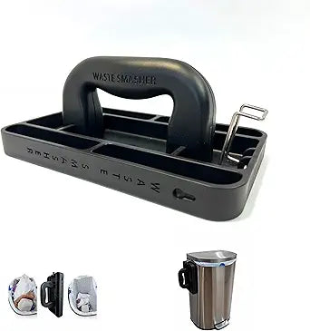 Manual Trash Compactor Tool - Hand-Held Garbage Press with Built-in Hook - for Kitchen Waste Bin - Space Saving Design - No Batteries Required - Freestanding - Black