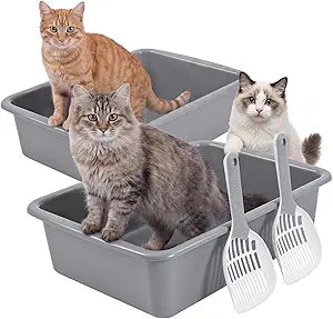 Hushee 4 Pcs Large Cat Litter Box with Scoop Set Open Plastic Indoor Big Cat Litter Pan Pet Tray 21 x 15 x 6 Inch for Kitty Easy to Clean Anti-leakage