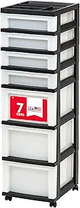 IRIS USA Plastic Drawer Storage Organizer Rolling Cart, with Wheels Casters, 7-Drawers, for Classroom Art Craft Supplies Dresser Closet Bathroom Laundry Room, Black/Pearl