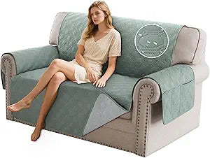 PrinceDeco Loveseat Couch Cover for 2 Cushion Couch Sofa Cover for Dogs Water Proof Non-Slip Furniture Protector with Elastic Straps for Pet Cat Children(Loveseat 48",Lily Pad)