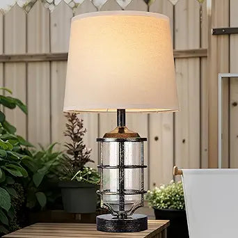 Outdoor Table Lamp, Farmhouse Lamp for Patio Table Decor with Cord, Rustic Table Light with Seeded Glass, 23.5" Plug-in Outdoor Lamps for Patio Waterproof, LED Bulb Included (Antique Copper Color)