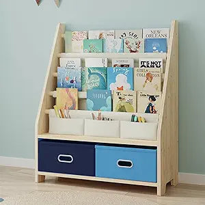 EXPERLAM 4 Tier Kids Bookshelf with Storage Bins, Solid Wood Toddler Book Shelf and Toy Organizer, Sling Book Rack for Kids Room, Nursery, Playroom, Blue
