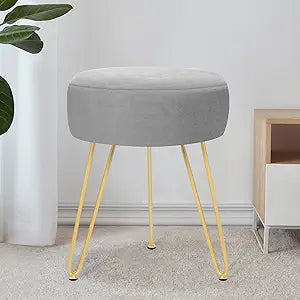 Velvet Soft Modern Vanity Stool -Round Footrest Stool Ottoman Side Table Seat Dressing with Golden Metal Leg and Sponge Filling,Upholstered Foot Rest, for Living Room and Bedroom (Gray)