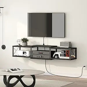 MAHANCRIS 43.7 Floating TV Stand with Power Outlet, Wall-Mounted Entertainment Center, Floating Metal Frame Media Console Shelf for Under TV Storage, for Living Room, Bedroom, Black TVHB101E01