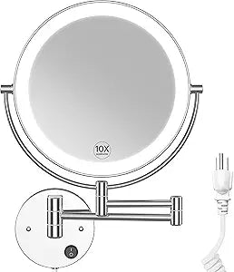Benbilry 9" Large Size Wall Mounted Lighted Makeup Vanity Mirror, 1X/10X Magnifying 2-Sided AC Plug-in Powered Bathroom Mirror, 360 Swivel 13 Inch Extendable Arm, Chrome