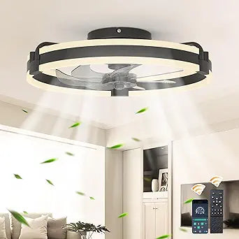 Garwarm Ceiling Fans with Lights and Remote, Modern Low Profile Flush Mount Ceiling Fan,Dimmable LED Small Fan Light,Fandelier Ceiling Fans with LED Light for Bedroom,Black