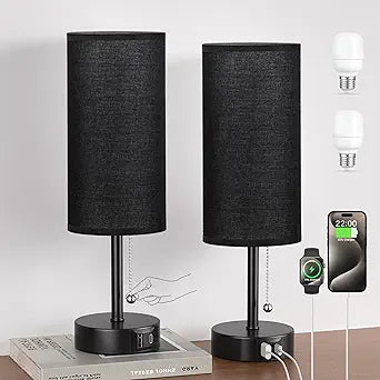 PartageiZ Black Bedside Lamps for Bedroom Set of 2 - Nightstand Table Lamp with USB Charging Port, Pull Chain Night Stand Light, Side Table Desk Reading Lamp for Living Room/Dorm/Bathroom/Kitchen