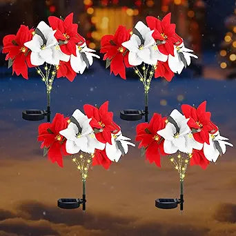 VIHOSE 4 Pcs Christmas Solar Poinsettia Lights Outdoor Artificial Flowers Landscape Waterproof Solar Poinsettia Lights for Yard Lawn Patio Garden Pathway Xmas Party Supplies (7 Flowers,Red,White)
