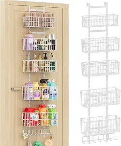 Hongtamoya Over The Door Organizer, Hanging Door Organizer with 5 Metal Baskets, Behind The Door Storage for Pantry Closet Bedroom Bathroom Cabinet Kitchen, White