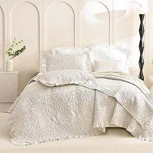 Masaca Oversized King Bedspread 128"x120",Wheat Ruffled Shabby Farmhouse King Quilt Bedding Set Oversized,3 Pieces Soft Lightweight Crinkled Extra Large Bedspread & Coverlet Sets for All Season