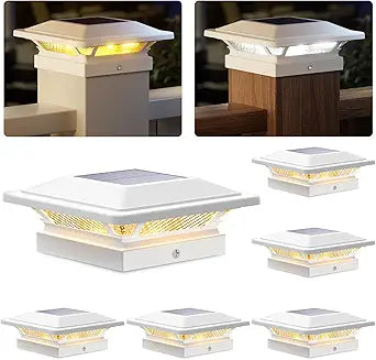 SIEDiNLAR 4x4 Solar Post Cap Lights 16 LEDs 2 Modes 3.5x3.5 4x4 Vinyl Wooden Post Light Waterproof Outdoor for Deck Fence Patio Garden Decor, Warm/Cool White (6 Pack, White)