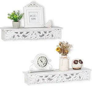 White Floating Shelves for Wall 24inch & 19inch Long - French Country Wall Decor Wood Distressed Mounted Shelf Vintage Hanging Shelving for Bathroom Bedroom 2 pcs