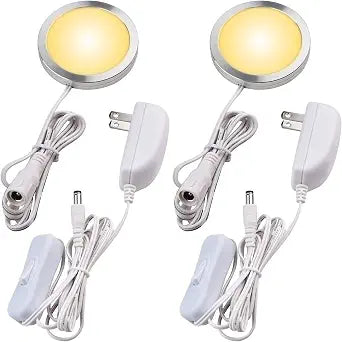 Single LED Kitchen Under Cabinet Puck Light, 120V Direct Wall Plug in Closet Cupboard Night Light, Easy to Mount, Inline On Off Switch, White Wires, 2 Packs, Warm White