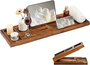 Teak Bathtub Tray for Tub, Expandable Bath Tray 2840in, Foldable Bathtub Caddy with Wine Glass Holder, Phone & Book Stand, Wooden Bath Tray Organizer, Luxury Bathroom Accessories Gift - Light Walnut