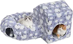 Pawaboo Cat Tunnel Bed for Indoor Cats, Cute Cat Donut Tunnel with Square House, Peekaboo Pet Cave Play Tunnels with Cave for Kitten/Rabbit, Basic Soft Blue