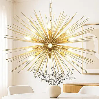 Modern 33.8in Gold Sputnik Chandeliers 12-Light Mid-Century Starburst Chandelier Light Fixture Solid Metal Satellite Large Chandelier for High Ceiling Dining Room Living Room Foyer E12