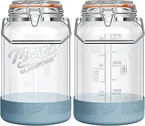 2 Packs 1 Gallon Glass Jars with Airtight Lids, Wide Mouth Mason Jars with Clip Top & Stainless Steel Handle & Silicone Base, Glass Storage Containers for Kitchen Storage, Pickling-Dual Scale
